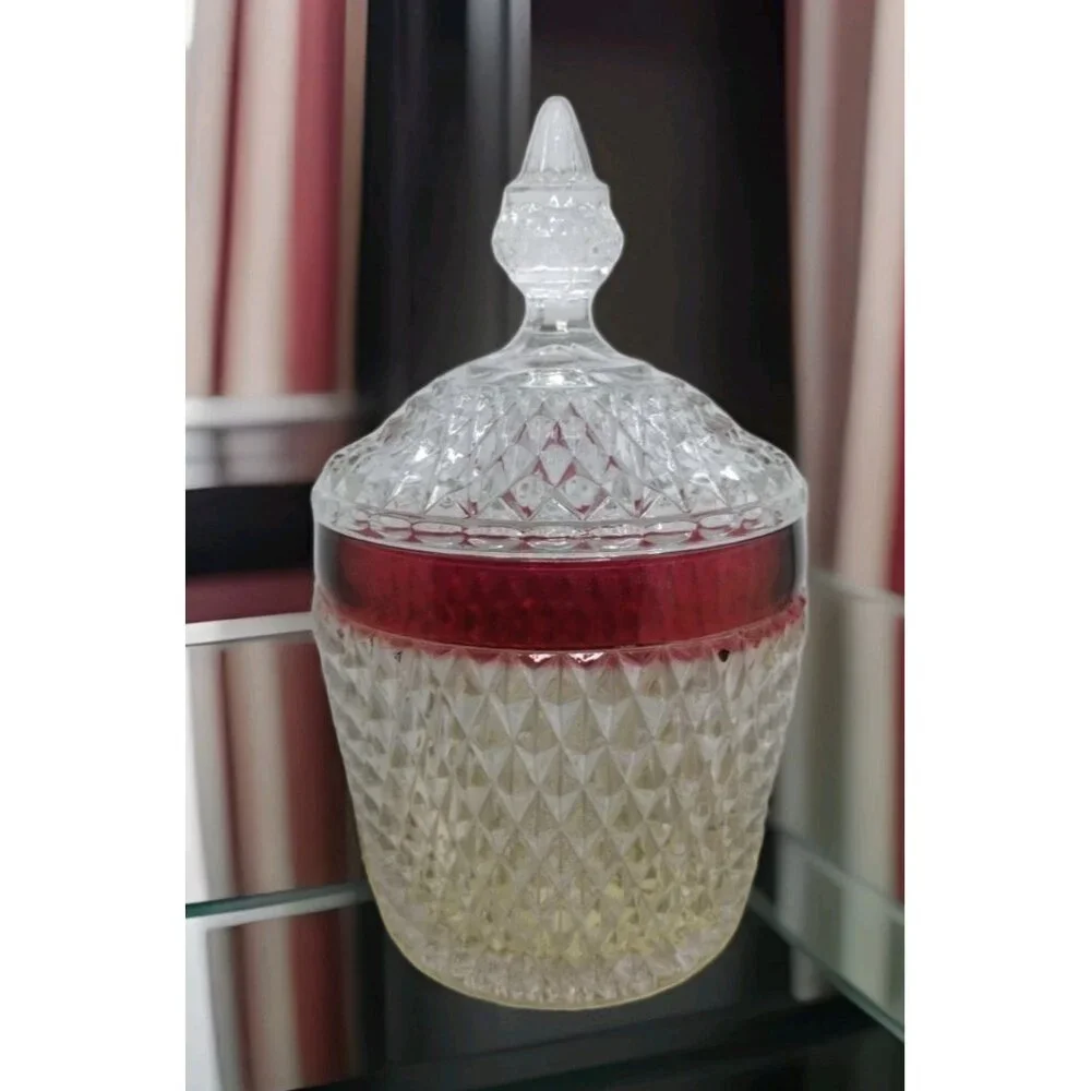 Indiana Glass Diamond Point Ruby Flash Red Ice Bucket w Lid 10.5” NIB